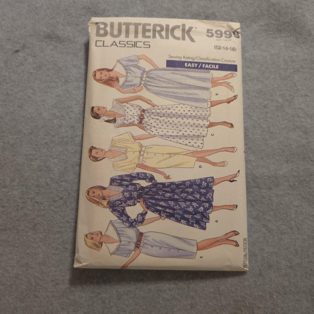 Butterick 5999 Dress Sewing Pattern Sz 12-16 UNCUT Vintage 1980s Classics Easy
